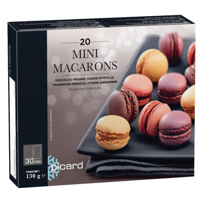4種類のミニマカロン（チョコレート、カシス、フランボワーズ、レモン）のパッケージ画像